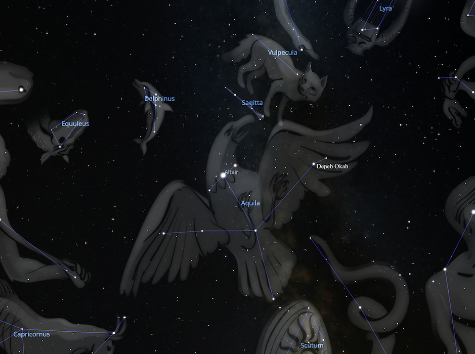 An image from Stellarium showing the night sky and Aquila constellation, with stars Deneb Okab and Altair.
